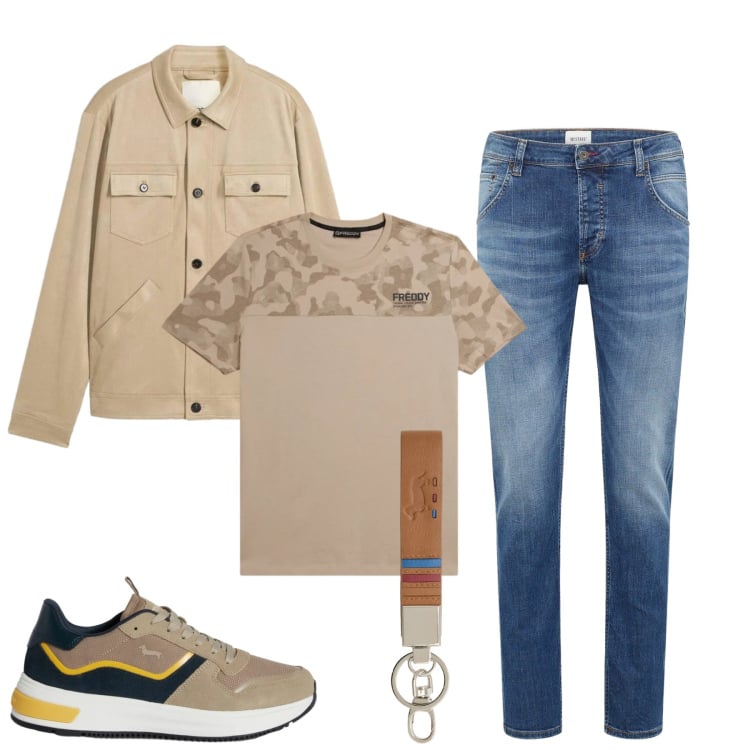 Outfit uomo - City. Stile Casual per Tutti i giorni. Abbinamento con jeans dritti, cappotti, portachiavi, sneakers, t-shirt.