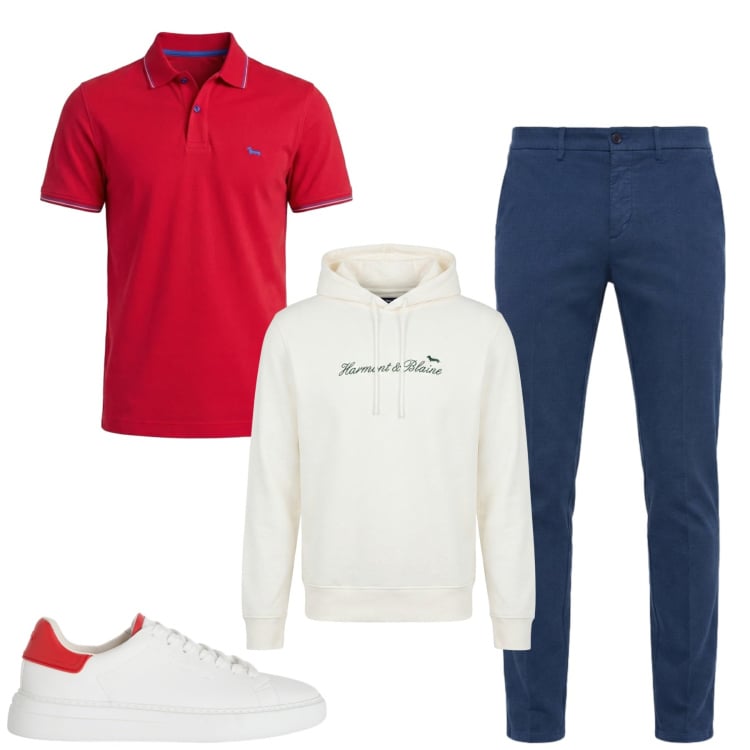 Outfit uomo - Marzo. Stile Casual per Tutti i giorni. Abbinamento con felpe con cappuccio, sneakers, polo, pantaloni chino.