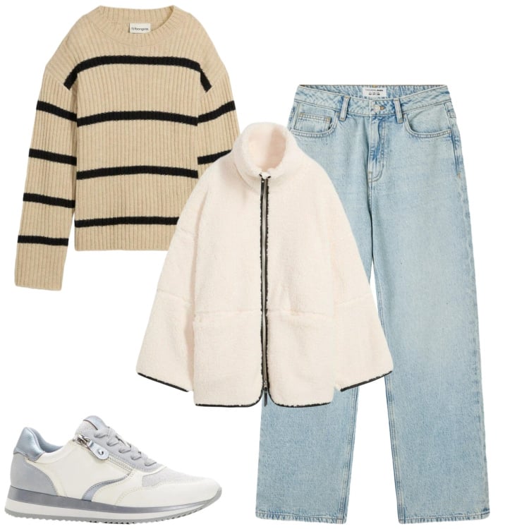 Outfit donna - Marzo. Stile Casual per Tutti i giorni. Abbinamento con blazer, sneakers, maglieria, jeans.