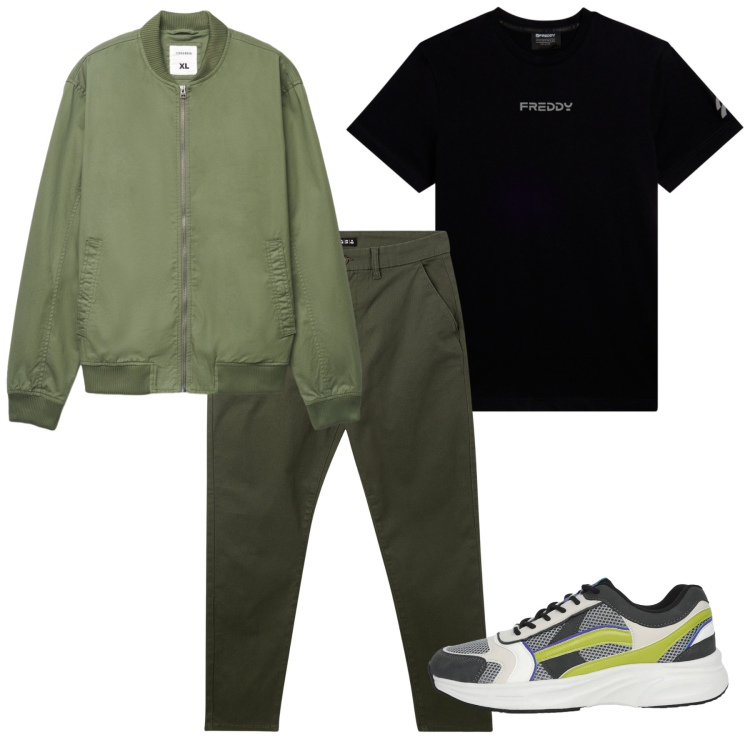 Outfit uomo - Comincio da qui. Stile Casual per Tutti i giorni. Abbinamento con t-shirt, pantaloni chino, sneakers, bomber.