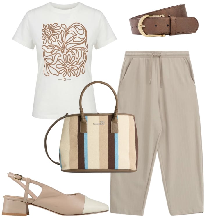 Outfit donna - City. Stile Urban per Tutti i giorni. Abbinamento con décolleté, cinture, shopping bag, pantaloni, t-shirt.