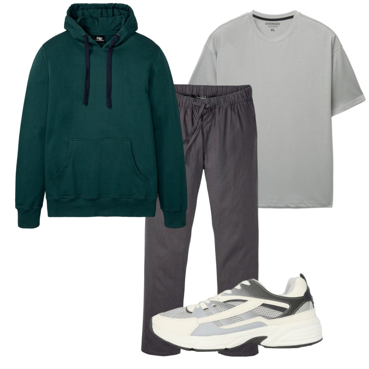 Outfit uomo - L\'ora sportiva. Stile Casual per Sport. Abbinamento con felpe con cappuccio, pantaloni, sneakers, t-shirt.