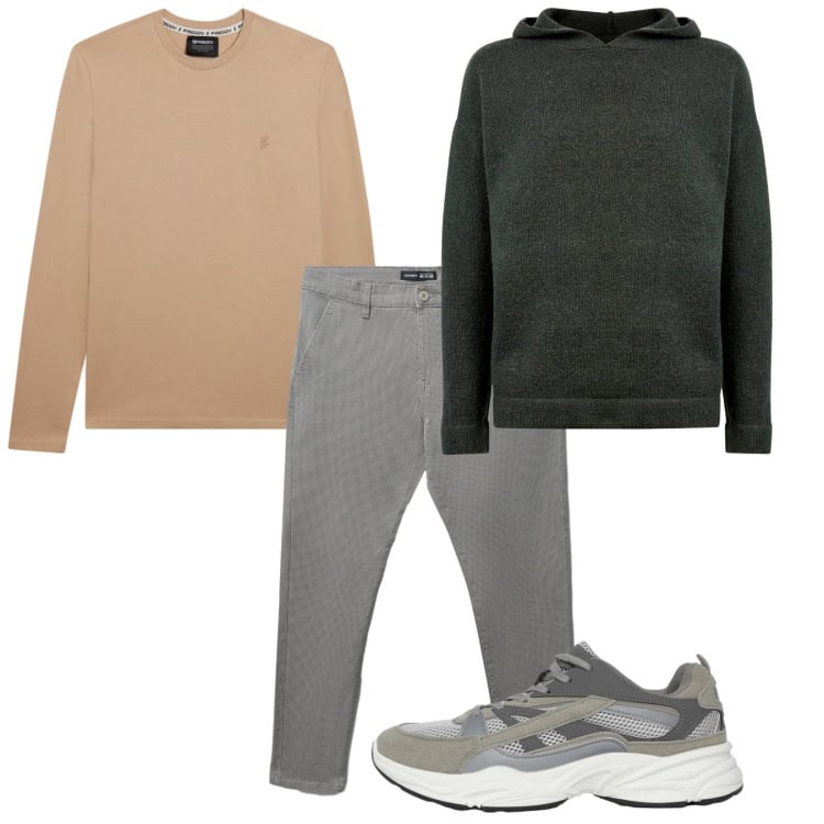 Outfit uomo - Primavera fresca. Stile Casual per Tutti i giorni. Abbinamento con t-shirt, maglieria, sneakers, pantaloni chino.