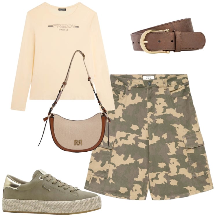 Outfit donna - City. Stile Casual per Tutti i giorni. Abbinamento con sneakers, cinture, t-shirt, pantaloni corti, borse a tracolla.