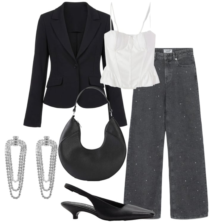 Outfit donna - Minimal in black. Stile Minimal per Tutti i giorni. Abbinamento con décolleté, borse a mano, orecchini, jeans dritti, top, blazer.