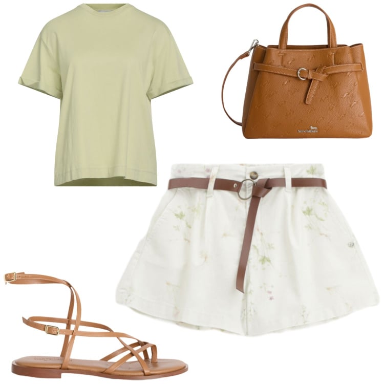 Outfit donna - City. Stile Casual chic per Tutti i giorni. Abbinamento con t-shirt, borse a mano, sandali in pelle, shorts.
