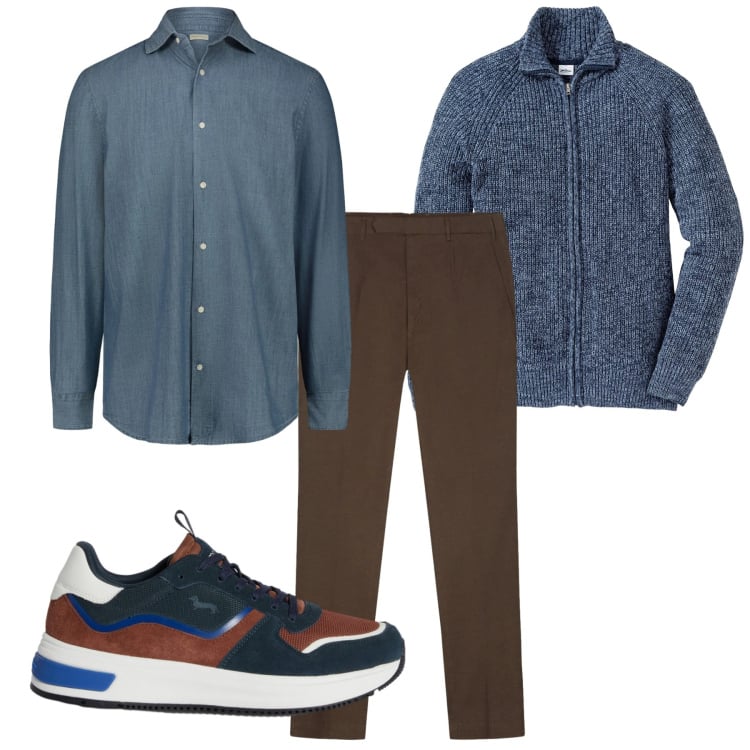 Outfit uomo - Fine settimana. Stile Casual per Tutti i giorni. Abbinamento con cardigans, sneakers, camicie, pantaloni.