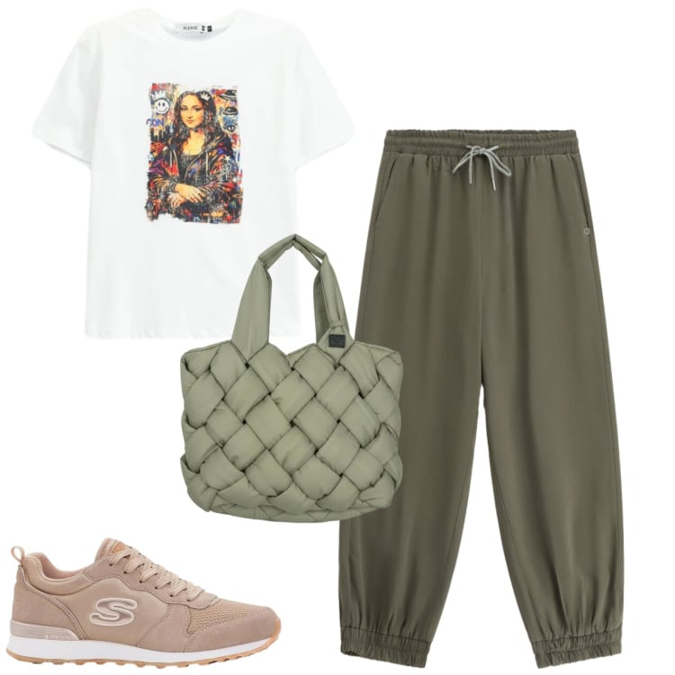 Outfit donna - City. Stile Casual per Tutti i giorni. Abbinamento con sneakers, t-shirt, pantaloni, borse tote.