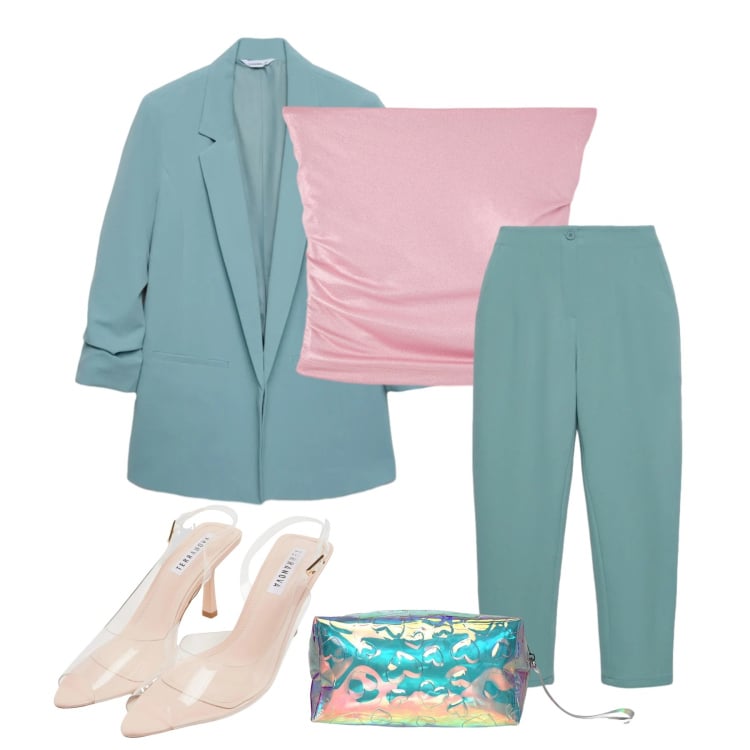 Outfit donna - Colorare a pastello. Stile Casual chic per Cerimonia. look ideale per Petite. Abbinamento con blazer, sandali col tacco, top, pantaloni chino, pochette.