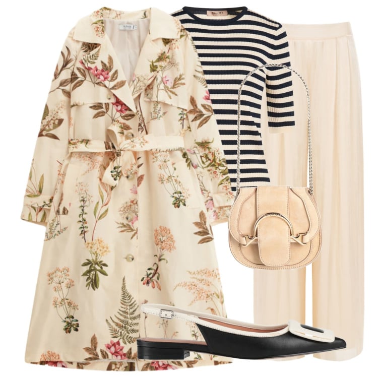 Outfit donna - Trench primaverile a fiori. Stile Casual chic per Tutti i giorni. Abbinamento con marsupi, ballerine, pullovers, trench, pantaloni a palazzo.