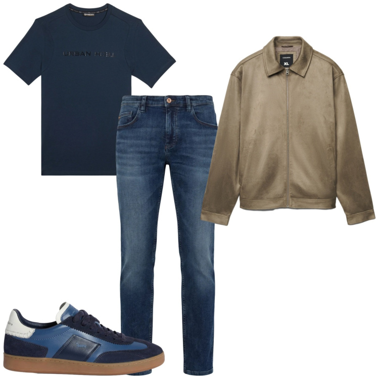 Outfit uomo - Contrasto spago e blu. Stile Casual per Tutti i giorni. Abbinamento con giacche, sneakers, jeans, t-shirt.