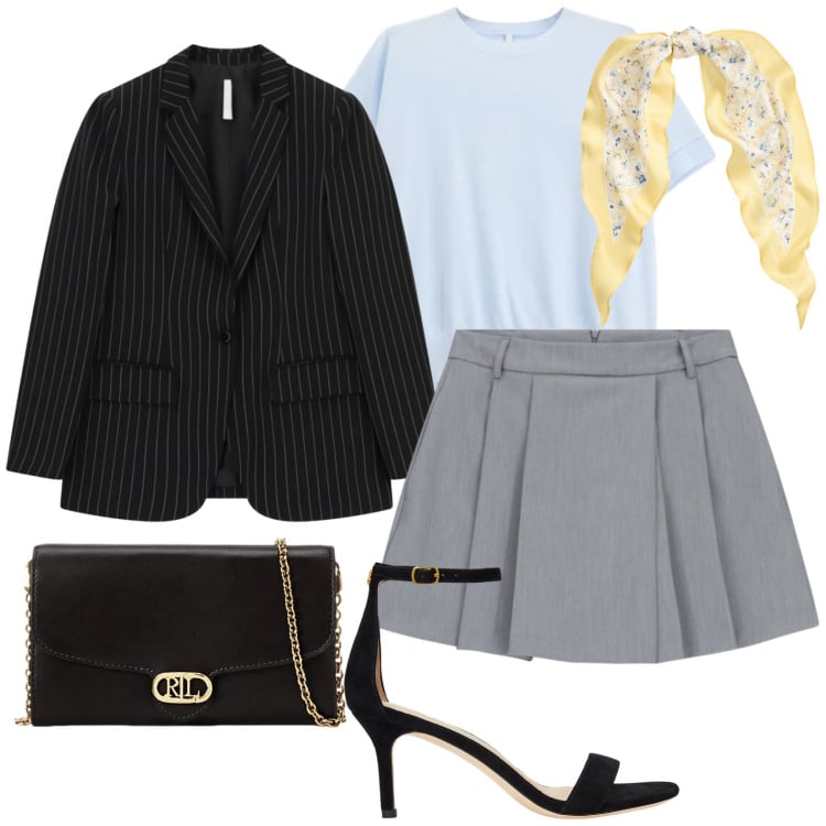 Outfit donna - Venerdì: ufficio e poi aperitivo. Stile Glamour per Serata fuori. Abbinamento con shorts, t-shirt, blazer, borse a tracolla, foulard, sandali in pelle.