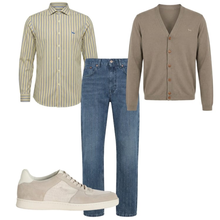Outfit uomo - Righe e cardigan. Stile Casual per Tutti i giorni. Abbinamento con sneakers, jeans, cardigans, camicie.