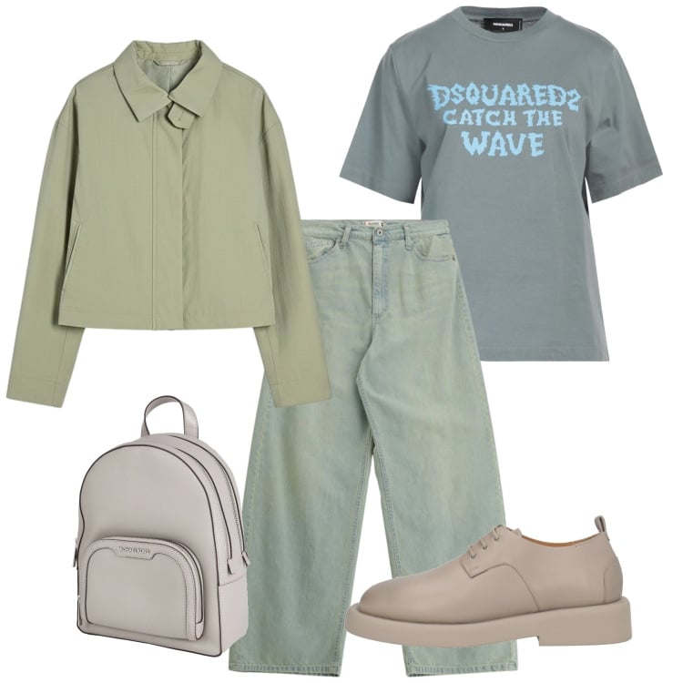 Outfit donna - Look da weekend primaverile. Stile Casual per Tutti i giorni. Abbinamento con zaini, scarpe stringate, t-shirt, jeans, bomber.