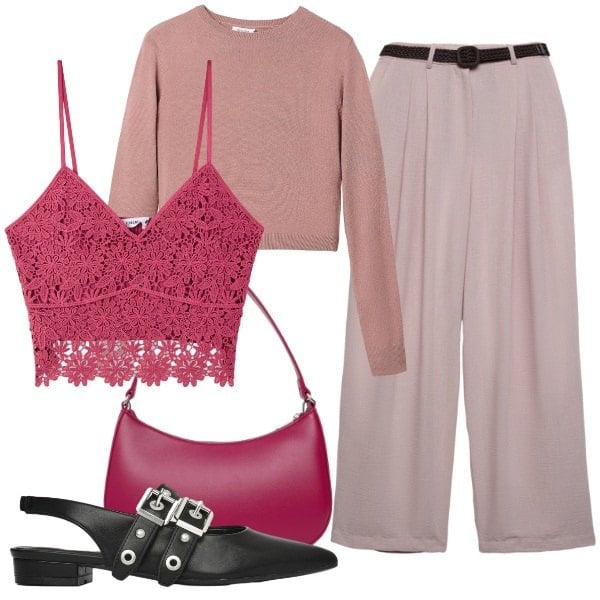 Outfit donna - Aperitivo Primaverile - Terranova. Stile Urban per Tutti i giorni. Abbinamento con t-shirt, ballerine, borse a tracolla, pantaloni, top.