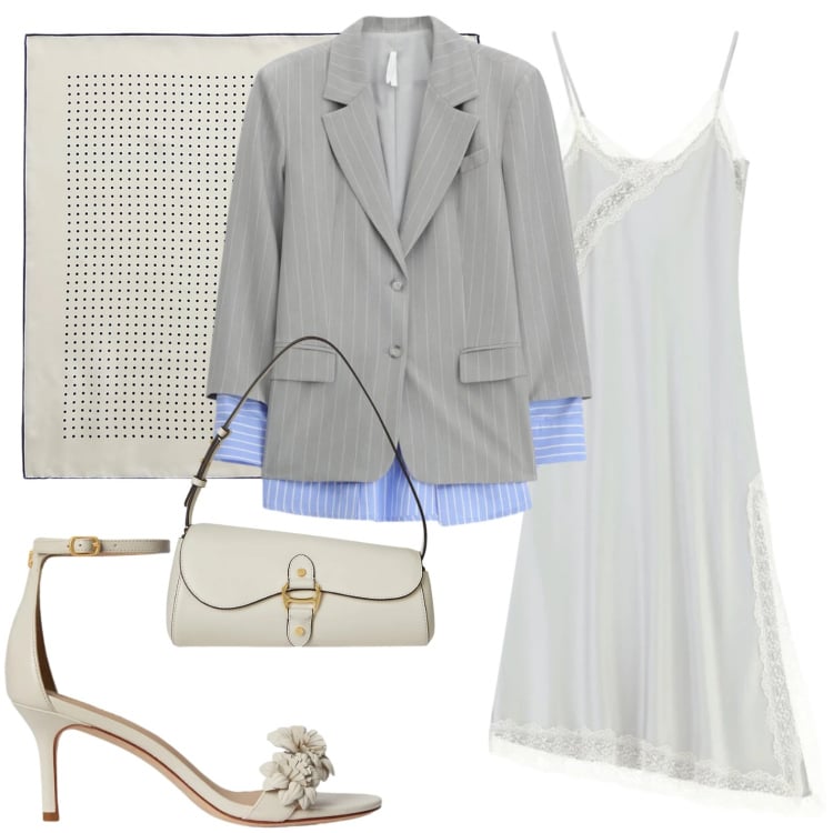 Outfit donna - Invito a cena. Stile Glamour per Serata fuori. Abbinamento con blazer, vestiti lunghi, foulard, borse a spalla, sandali in pelle.