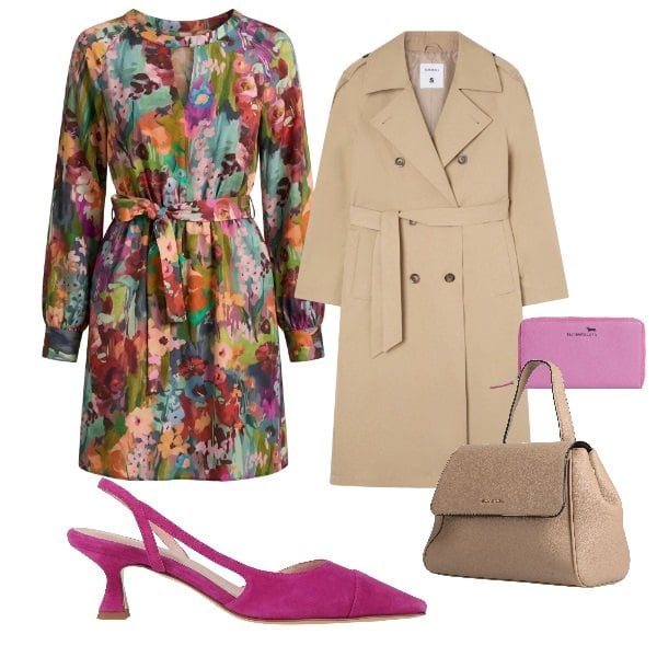 Outfit donna - abito e trench. Stile Chic per Serata fuori. Abbinamento con zaini, décolleté, vestiti corti, portafogli, trench.