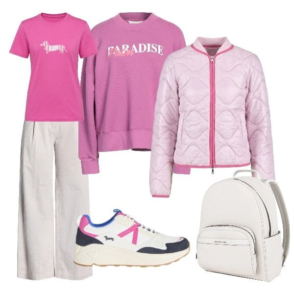 Outfit donna - orchidea. Stile Sporty chic per Tutti i giorni. Abbinamento con zaini, pantaloni, felpe, sneakers, t-shirt, piumini.