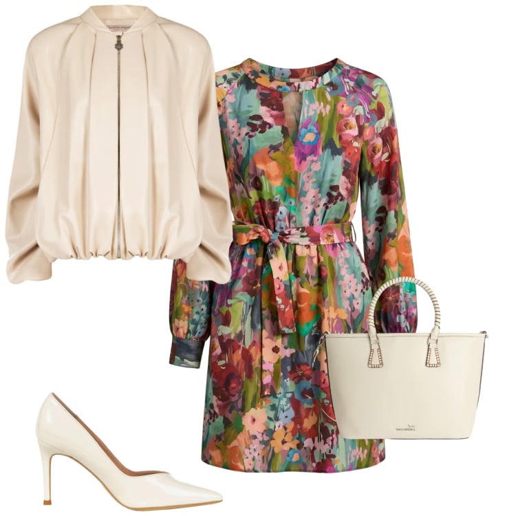 Outfit donna - In città. Stile Casual chic per Tutti i giorni. Abbinamento con shopping bag, vestiti corti, bomber, décolleté.