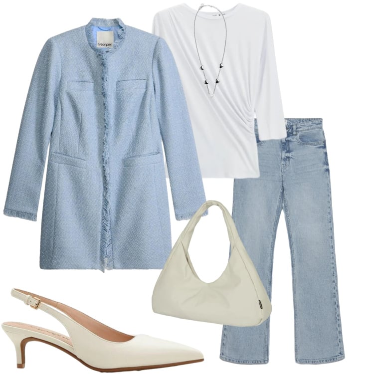 Outfit donna - Casual chic. Stile Casual chic per Tutti i giorni. Abbinamento con blazer, décolleté, jeans bootcut, top, borse a spalla, collane.
