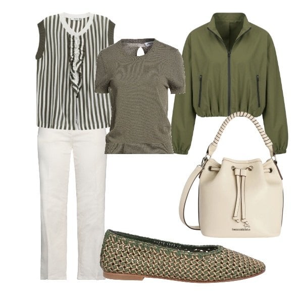 Outfit donna - righe filate. Stile Casual per Ufficio. Abbinamento con pullovers, ballerine, jeans dritti, borse a secchiello, top, blazer.