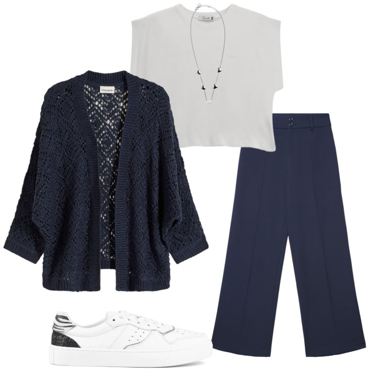 Outfit donna - Cardigan traforato. Stile Casual chic per Tutti i giorni. Abbinamento con cardigans, pantaloni, top, collane, sneakers.