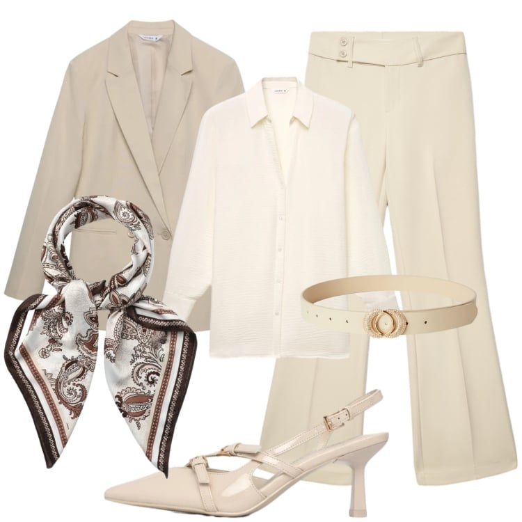 Outfit donna - Classe in chiaro. Stile Chic per Tutti i giorni. Abbinamento con cinture, décolleté, foulard, camicie, pantaloni, blazer.