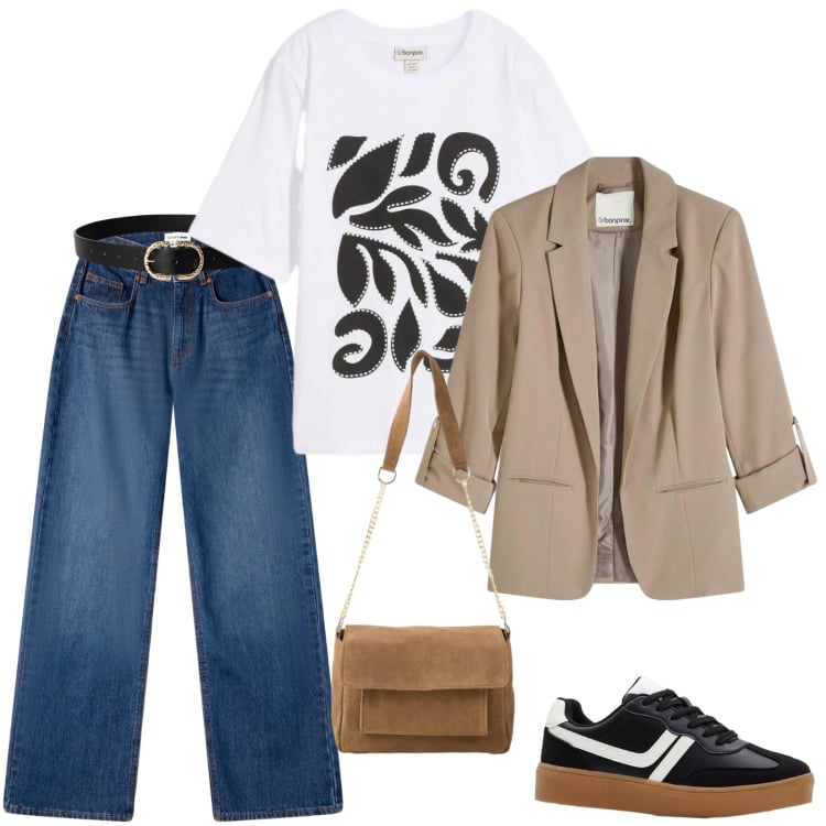 Outfit donna - Il blazer basic beige. Stile Basic per Tutti i giorni. Abbinamento con t-shirt, sneakers, blazer, borse a tracolla, jeans, cinture.