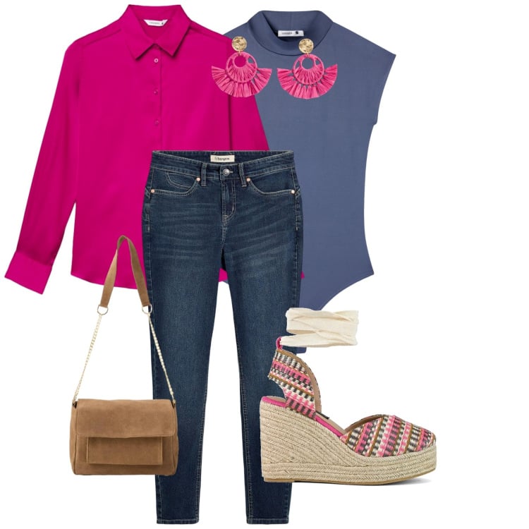 Outfit donna - Peonia. Stile Sporty chic per Ufficio. Abbinamento con jeans skinny, orecchini, borse a tracolla, body, camicie, zeppe.