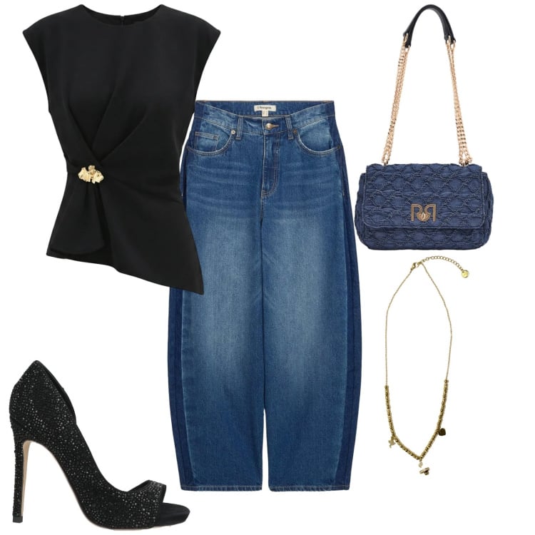 Outfit donna - Pantaloni barrel di tendenza. Stile Trendy per Serata fuori. Abbinamento con décolleté, jeans, top, borse a spalla, ciondoli.