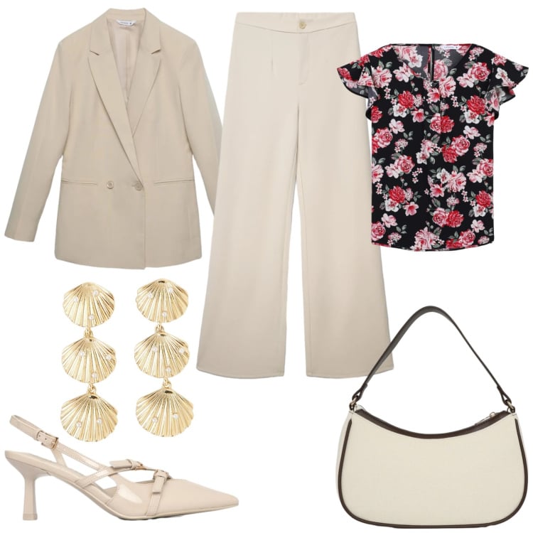Outfit donna - Completo Terranova per laurea. Stile Chic per Serata fuori. Abbinamento con blazer, orecchini, bluse, décolleté, pantaloni, borse a tracolla.