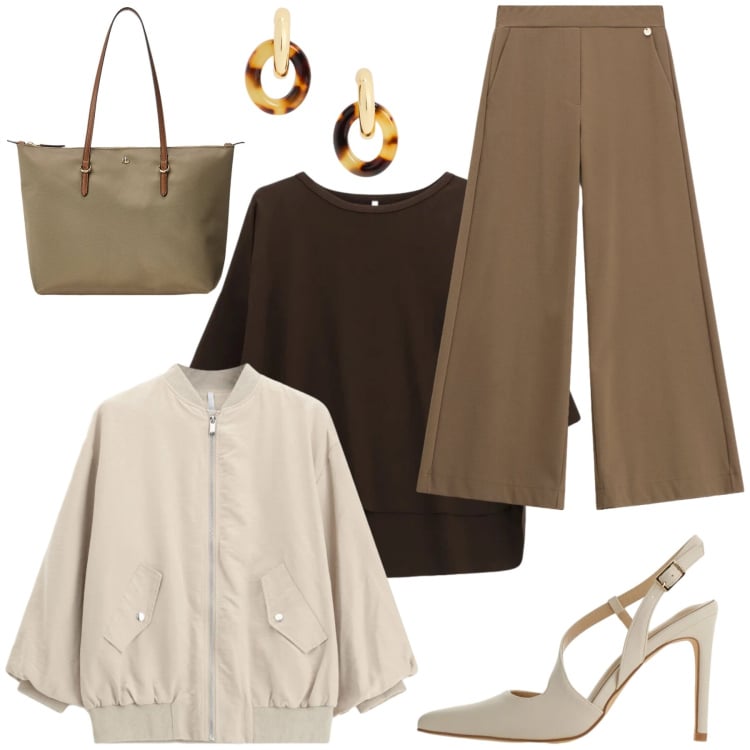 Outfit donna - Desert Harmony. Stile Minimal per Tutti i giorni. Abbinamento con pantaloni a palazzo, décolleté, bomber, bluse, borse tote, orecchini.