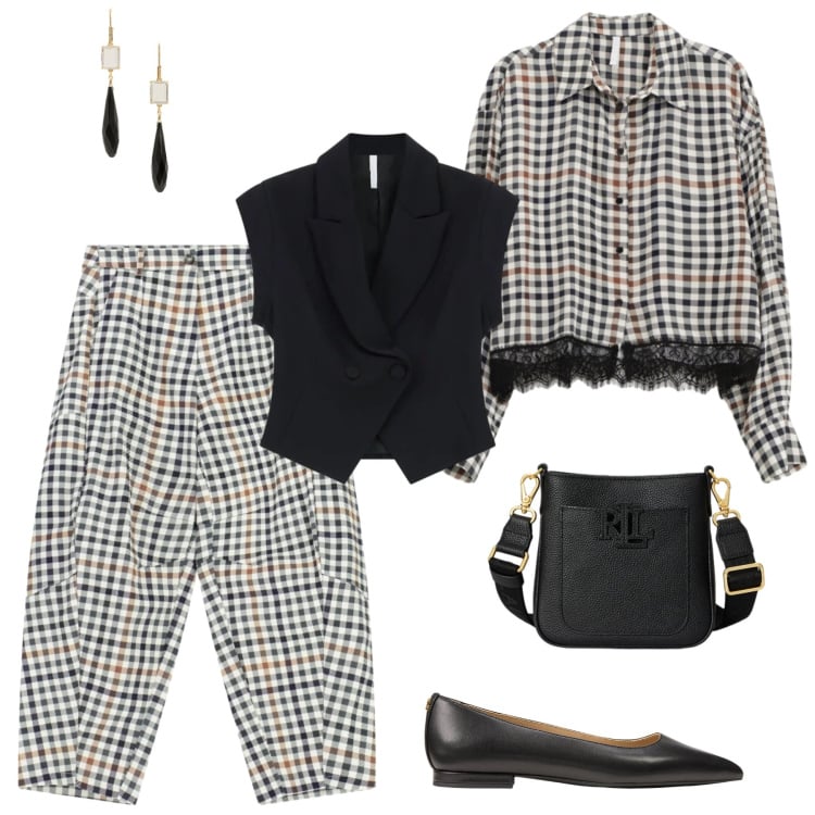 Outfit donna - Monochrome Geometry. Stile Preppy per Ufficio. Abbinamento con camicie, pantaloni a palazzo, gilet, ballerine, borse a tracolla, orecchini.