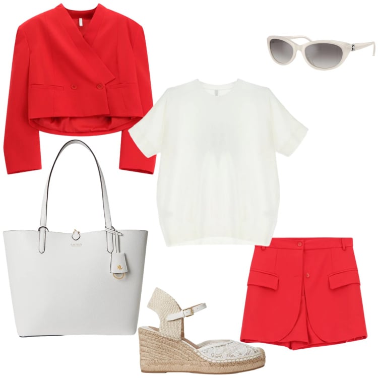Outfit donna - Crimson Energy. Stile Urban per Tutti i giorni. Abbinamento con t-shirt, blazer, shorts, occhiali da sole, espadrillas, borse tote.