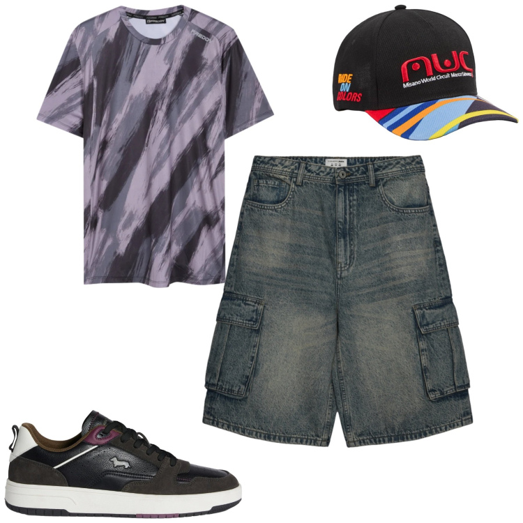 Outfit uomo - Total look #2370747. Stile Casual per Tutti i giorni. Abbinamento con sneakers, t-shirt, cappelli, pantaloni corti.