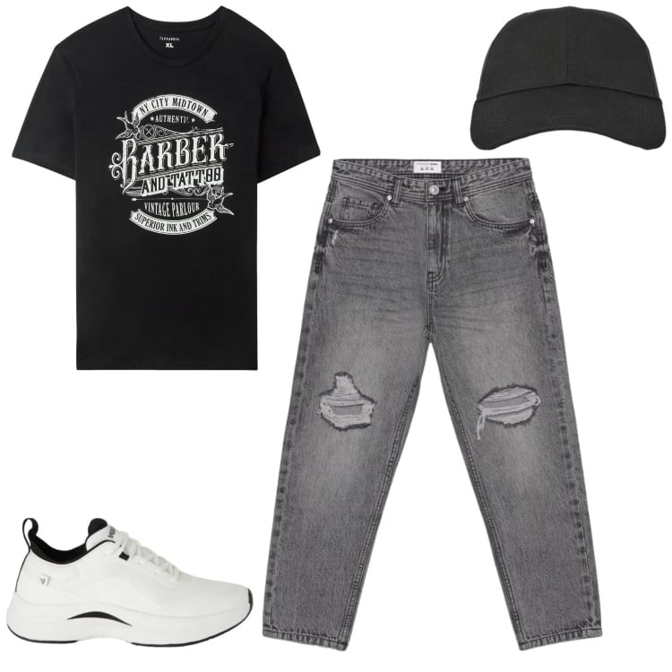 Outfit uomo - City. Stile Casual per Tutti i giorni. Abbinamento con sneakers, t-shirt, jeans strappati, cappelli con visiera.