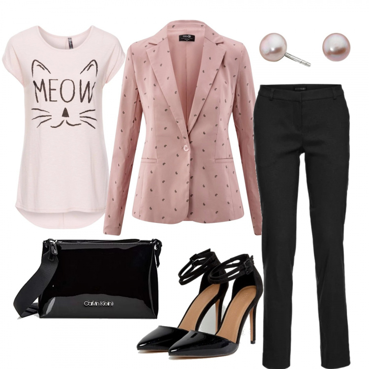 Outfit donna - Basic informalchic. Stile Chic per Ufficio. Abbinamento con pantaloni, top con stampa rosa, blazer collo con revers aderente rosa, scarpe effetto vernice a punta in denim, borsa a tracolla nero, orecchini a perno argento e rosa.