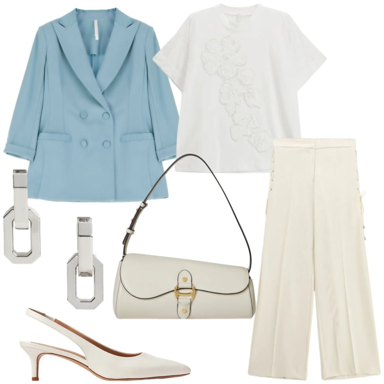 Outfit donna - Imperial spring. Stile Chic per Serata fuori. Abbinamento con blazer, t-shirt, pantaloni, décolleté, borse a spalla, orecchini.