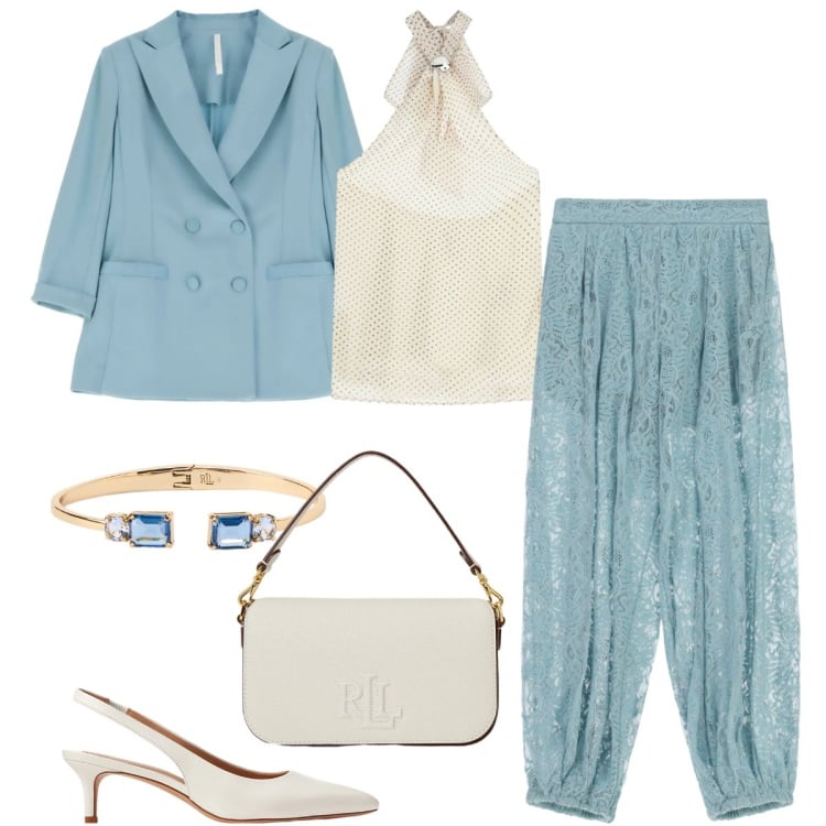Outfit donna - Imperial - The New Crew ss2026. Stile Chic per Cerimonia. Abbinamento con blazer, pantaloni a palazzo, top, décolleté, borse a spalla, braccialetti.