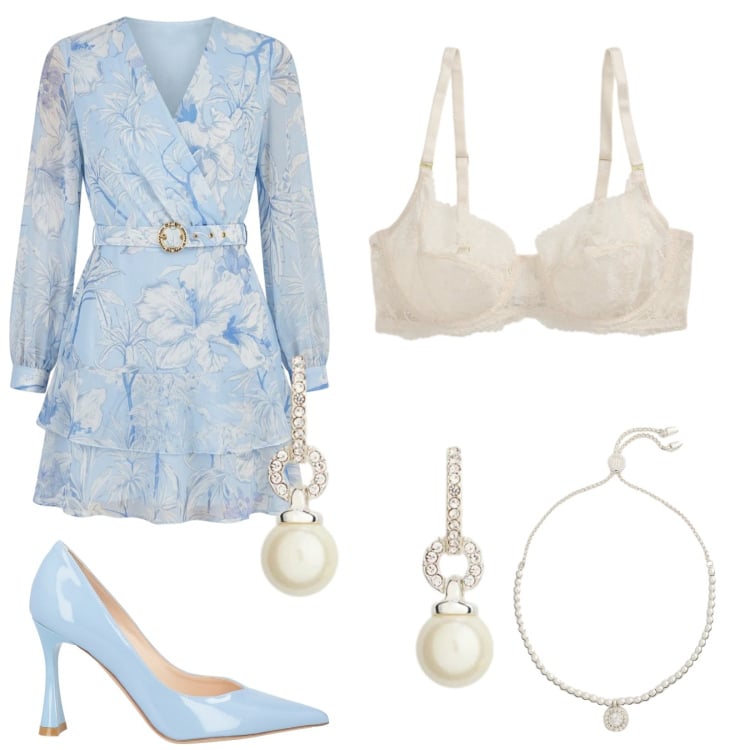 Outfit donna - Rinascimento spring. Stile Chic per Serata fuori. Abbinamento con décolleté, vestiti corti, braccialetti, reggiseni, orecchini.