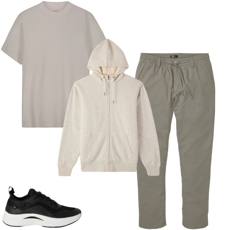Outfit uomo - City. Stile Casual per Tutti i giorni. Abbinamento con pantaloni chino, sneakers, t-shirt, felpe con cappuccio.