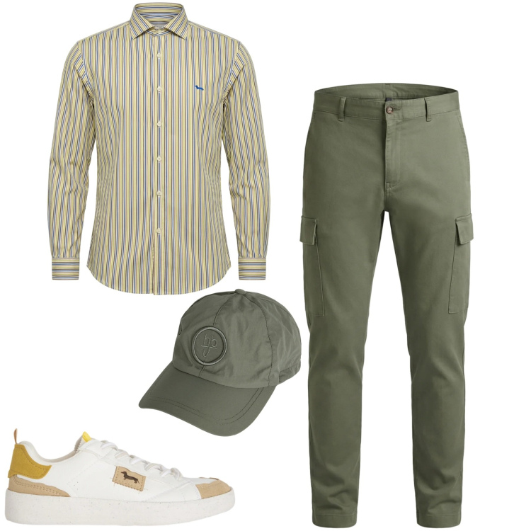Outfit uomo - City. Stile Urban per Tutti i giorni. Abbinamento con sneakers, pantaloni cargo, cappelli, camicie.