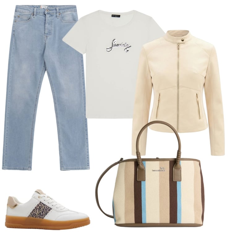 Outfit donna - Look da weekend di primavera. Stile Casual per Tutti i giorni. Abbinamento con sneakers, shopping bag, jeans, giacche, t-shirt.