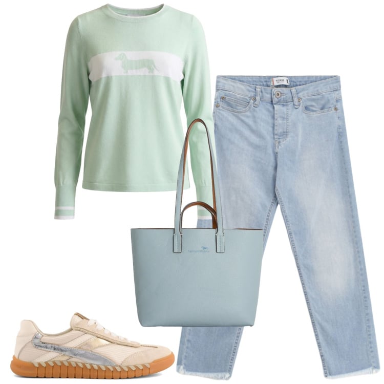 Outfit donna - Marzo. Stile Casual per Tutti i giorni. Abbinamento con shopping bag, maglieria, jeans, sneakers.