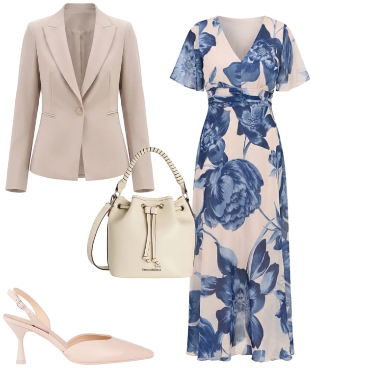 Outfit donna - Pasqua. Stile Chic per Cerimonia. Abbinamento con décolleté, borse a secchiello, vestiti lunghi, blazer.
