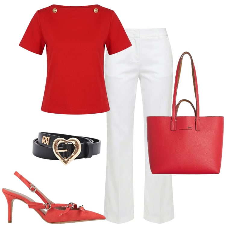 Outfit donna - Spring. Stile Casual chic per Tutti i giorni. Abbinamento con décolleté, pantaloni, shopping bag, t-shirt, cinture.