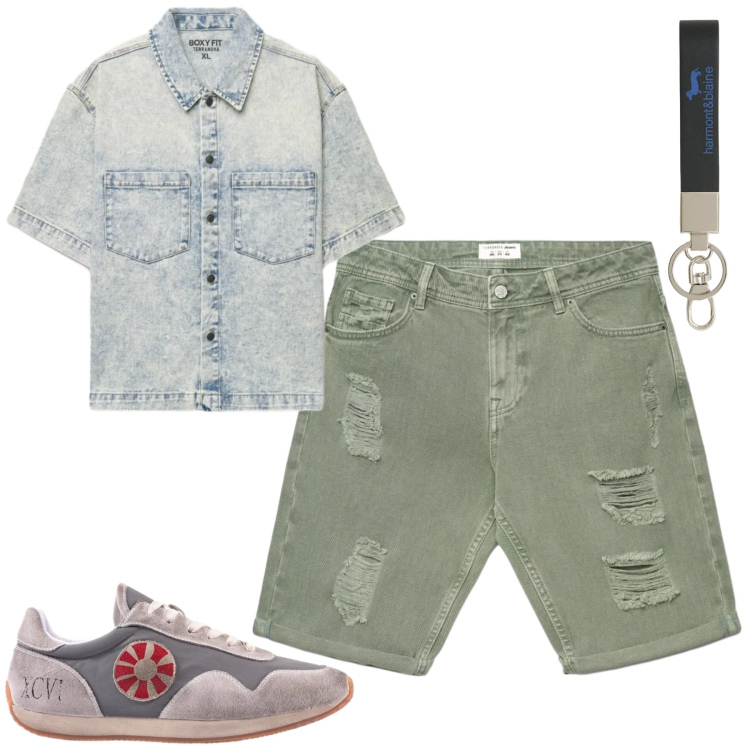 Outfit uomo - Spring. Stile Casual per Tutti i giorni. Abbinamento con portachiavi, sneakers, camicie a manica corta, bermuda.