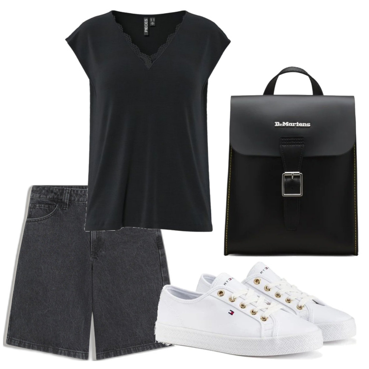 Outfit mujer - Basic look. Estilo Basic para Todos los días. Combinación con sneakers, mochilas, camiseta, shorts.