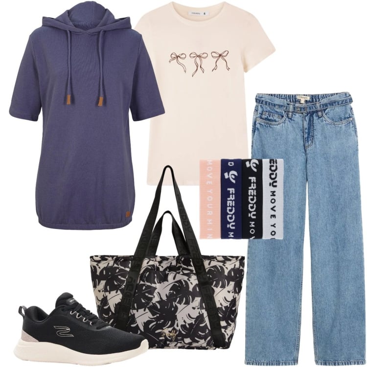 Outfit donna - Felpa blu con cappuccio. Stile Sporty chic per Tutti i giorni. Abbinamento con felpe con cappuccio, jeans dritti, sneakers, t-shirt, braccialetti, shopping bag.