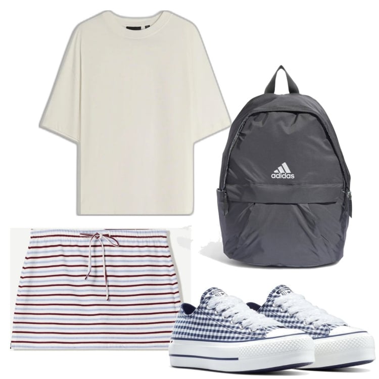 Outfit mujer - Casual look. Estilo Casual para Todos los días. Combinación con mochilas, sneakers, faldas, camiseta.